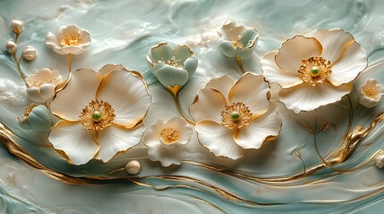 3d abstract background with white paper flowers and golden, green leaves, floral botanical