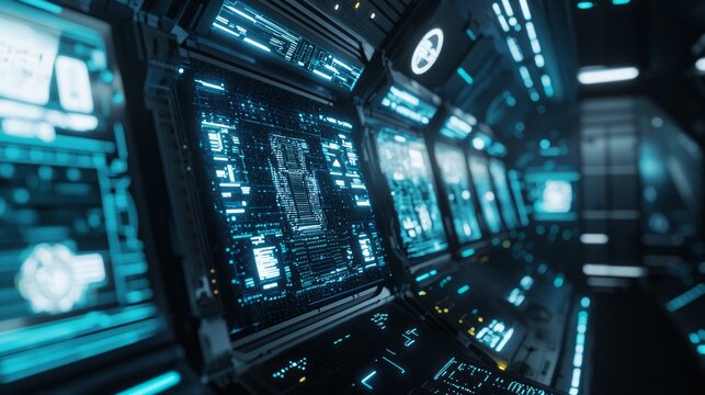 Futuristic Spaceship Communication Room with Crew Members Coordinating Activities in Spectacular Ray Tracing Illustration