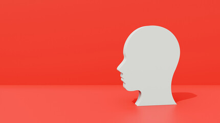Silhouette of a person in profile 3d illustration on red background. Head silhouette on red background. Business or psychology presentation template.
