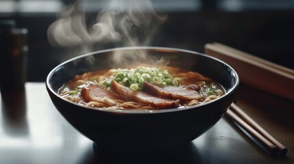 A steaming bowl of authentic ramen noodles garnished with sliced green onions and tender slices of pork belly, Ramen bowl centered, Moody lighting to evoke a sense of comfort