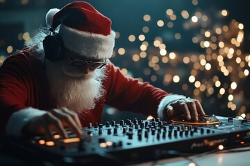 A Santa Claus figure in a festive atmosphere using DJ equipment and headphones, set against a...