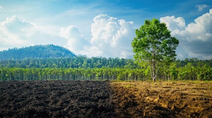 Obraz premium A landscape photo showing the impact of environmental changes, like a deforested area versus a lush, green forest, representing altered natural environments