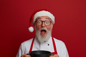 A surprised chef wearing a Santa hat, red apron, and white coat holds a pot while expressing joy, depicted against a bright red background for a festive atmosphere.