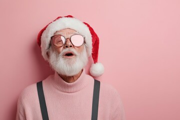 An elderly man cheerfully sings while wearing a Santa hat and pink sweater, reflecting the festive spirit and joy of the holidays against a pink background.