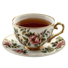 Elegant tea cup with floral design and saucer, on white background.,transparent background