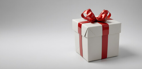 Minimalist Christmas Gift with Red Ribbon on a Light Gray Background