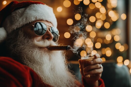 Santa Claus, sporting cool sunglasses, relaxes with a cigar and a delicious drink in hand amidst a backdrop of twinkling Christmas lights from the festive tree.