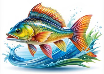 Fototapeta premium Vibrant aquatic art featuring dynamic fish on a white background. This colorful digital illustration showcases the beauty of marine life through creative graphics and underwater scenes.