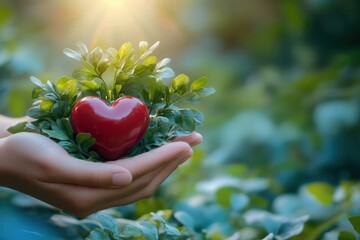 Holding a red heart surrounded by green leaves in a sunlit garden setting