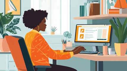 A student engaging with distance education content on a computer in a home office.