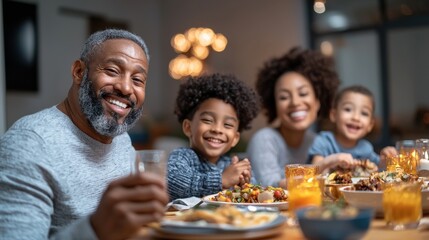 Fototapeta premium Happy family enjoying a meal together, smiling and sharing joyful moments around the dinner table.