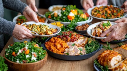 Obraz premium Hands serving a variety of delicious dishes at a vibrant gathering, showcasing colorful plates and fresh ingredients.