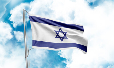 Israel flag waving on sky background. 3D Rendering