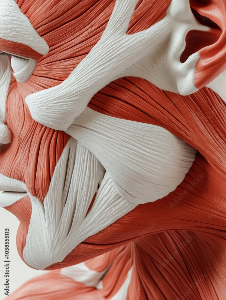 Poster this artistic depiction explores human muscle structure, showcasing intricate layers and textures of
