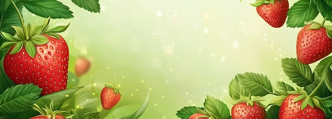 Strawberry. Fresh juicy strawberries with leaves. Suitable for marketing or business purposes. Panoramic banner with place for text