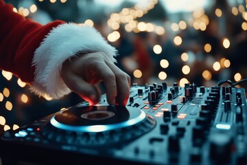 A close-up shot of a DJ's hand with white fur cuffs expertly handling a turntable, spinning tracks...