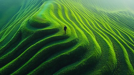 Fototapeta premium Man Walking on Lush Green Grassland from Above