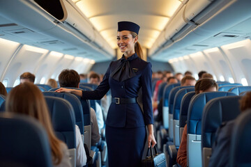 Friendly Flight Attendant Assisting Passengers on Airplane