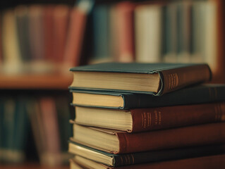 Fototapeta premium A stack of books on a table in a library. The books are all different sizes and are arranged in a neat stack. 