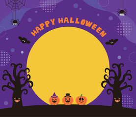 Background, banner, frame design background in autumn season Halloween concept. geometric, abstract pattern with pumpkin, spider, bat, full moon, tree illustration and 'Happy Halloween' typography.