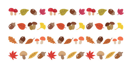 Cute hand drawn illustration border background with autumn concept. Acorns, mushroom, fallen leaves, maple leaves, ginkgo leaves, etc. © Tuesday04