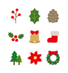 Hand drawn cute icon illustration set in December winter season Christmas concept. Wreath, flower, pinecone, leaves, berrie, bell, boot, tree, poinsettia, holly.