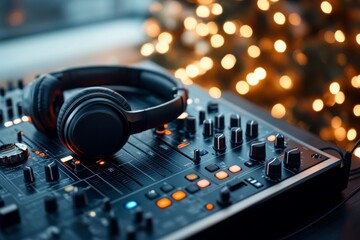 Capturing the essence of music and festivity, this image displays a professional DJ station with headphones, blending holiday lights for a festive musical experience.