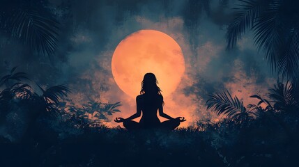 Silhouette of a Woman Meditating Under a Full Moon