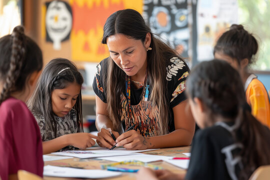 An Indigenous teacher helping a student with her work in a classroom setting, while other students are independently focused on their assignments