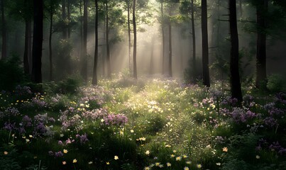 Obraz premium A_misty_forest_bathed_in_soft_morning_light_with_dark,generation AI