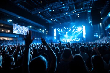 A large crowd of enthusiastic people with raised hands at a concert, showcasing the energetic and vibrant atmosphere of a live musical performance in a packed venue.