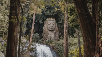 stone pagan statue in the forest