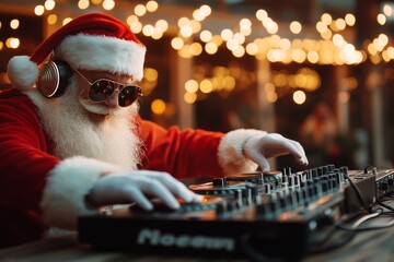 A lively image of Santa creatively serving as a DJ, spinning records amidst bright holiday lights...