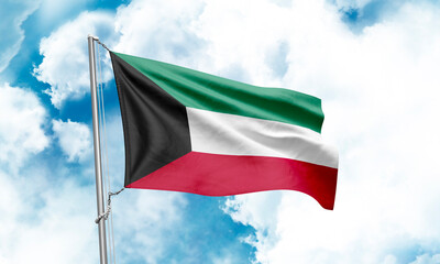 Kuwait flag waving on sky background. 3D Rendering