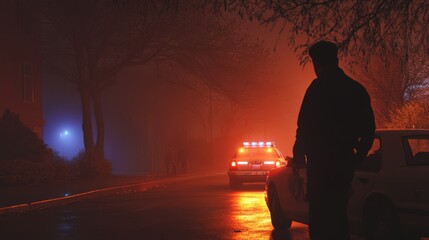 Fototapeta premium Police Officer Silhouetted by Patrol Car Lights on Foggy Night Street 
