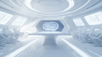 Obraz premium Futuristic Spaceship Conference Room with Holographic Table and Crew Members Discussing Mission Strategies | Sci-Fi Ray Tracing Illustration