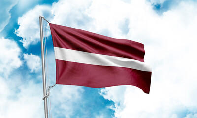 Latvia flag waving on sky background. 3D Rendering