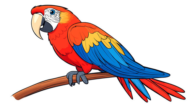 A colorful scarlet macaw parrot perches on a branch with its wings spread out.