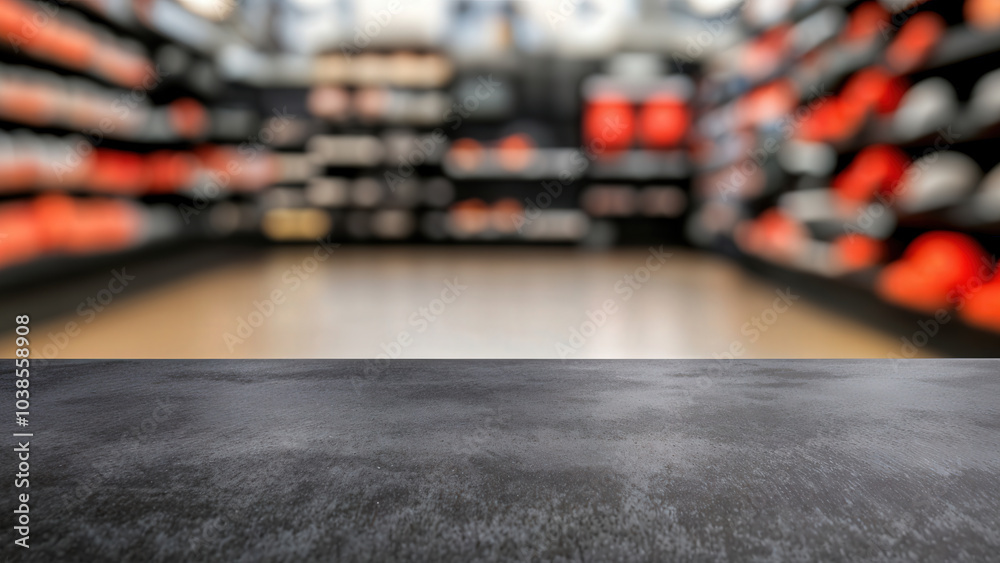 Poster Empty concrete surface with blurred supermarket background