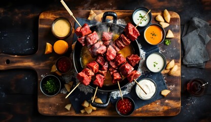 Fondue Bourguignonne with skewered meat and various dipping sauces on a wooden board (Swiss Cuisine)