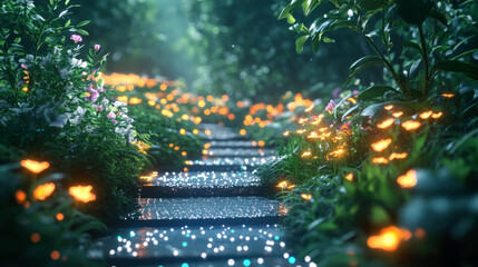 AI maintaining a digital garden, with holographic plants and glowing pathways