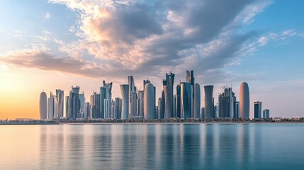 Obraz premium Modern Skyline at Sunset Over a Calm Water Body
