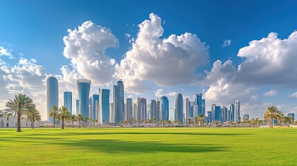 Modern Skyline with Palm Trees and Blue Sky