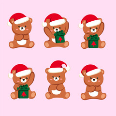 set of collection cute brown bear wear a hat christmas in holiday vector