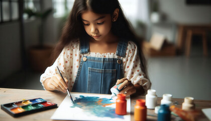 Fototapeta premium Girl artist pours paint on paper