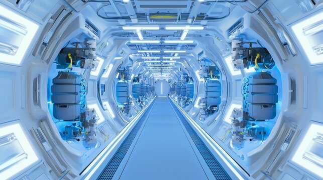 Futuristic Spaceship Cargo Area with Advanced Robotic Systems Transporting Alien Goods | Ultra-Detailed Sci-Fi Illustration