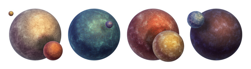 3D planet icon set, sci-fi moon space illustration, alien realistic red, yellow, blue globe render. Fantasy cosmos texture sphere, astronomy futuristic design object. Round 3D planet universe clipart © Oleksandra