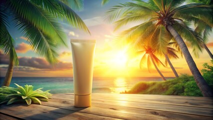 Vintage-inspired 3D sunscreen product mockup featuring a vibrant palm tree background, perfect for eye-catching summer advertising banners and promotions. Embrace the sunny vibes today!