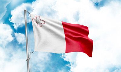 Malta flag waving on sky background. 3D Rendering
