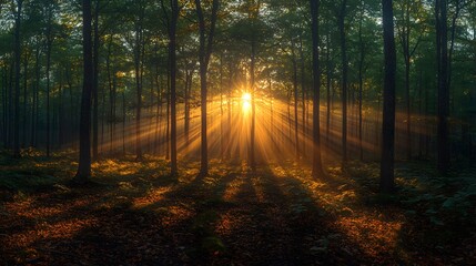 Obraz premium Sunbeams in a Misty Forest